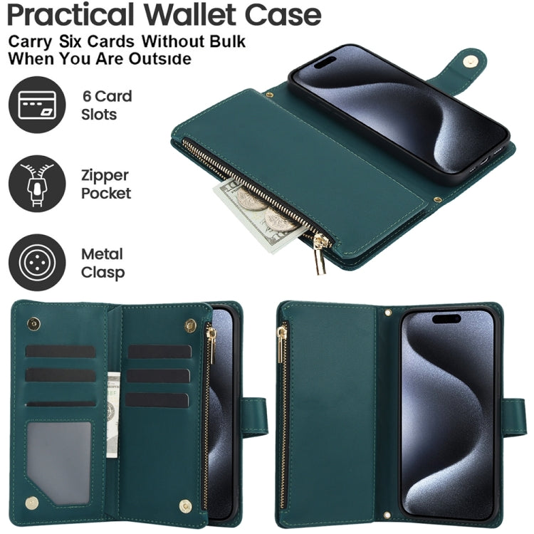 For iPhone 15 Pro YM016 Rhombic Zipper Card Wallet Leather Phone Case with Lanyard(Green) - HoMEdemic™ 