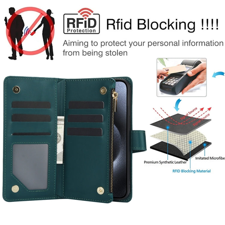 For iPhone 15 Pro YM016 Rhombic Zipper Card Wallet Leather Phone Case with Lanyard(Green) - HoMEdemic™ 