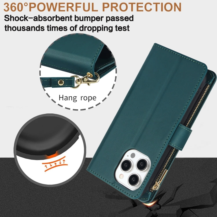 For iPhone 15 Pro YM016 Rhombic Zipper Card Wallet Leather Phone Case with Lanyard(Green) - HoMEdemic™ 