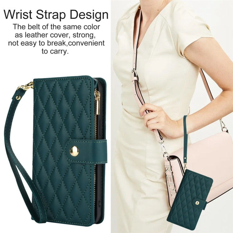 For iPhone 15 Pro YM016 Rhombic Zipper Card Wallet Leather Phone Case with Lanyard(Green) - HoMEdemic™ 
