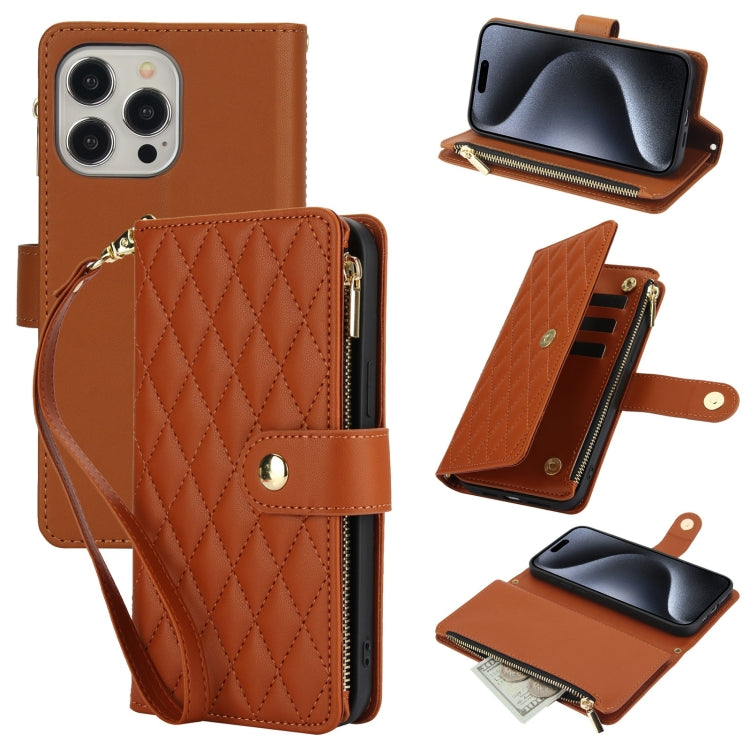 For iPhone 15 Pro YM016 Rhombic Zipper Card Wallet Leather Phone Case with Lanyard(Brown) - HoMEdemic™ 