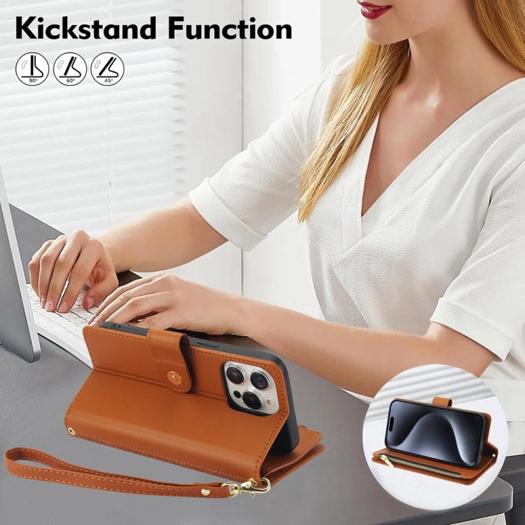 For iPhone 15 Pro YM016 Rhombic Zipper Card Wallet Leather Phone Case with Lanyard(Brown) - HoMEdemic™ 