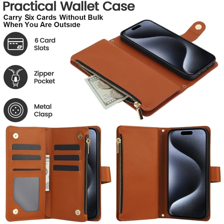 For iPhone 15 Pro YM016 Rhombic Zipper Card Wallet Leather Phone Case with Lanyard(Brown) - HoMEdemic™ 