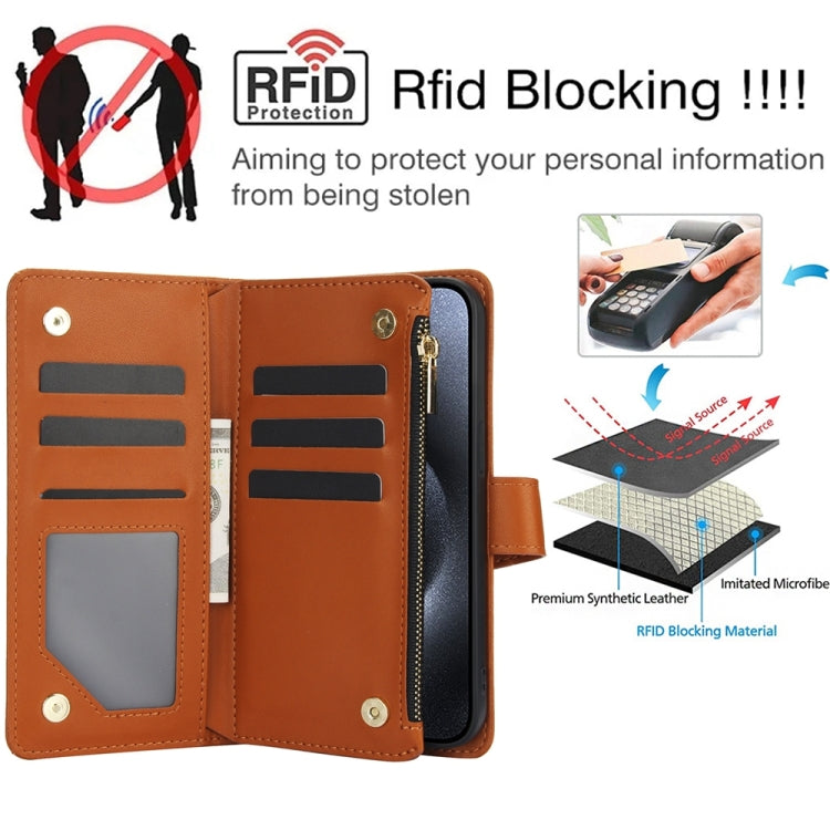 For iPhone 15 Pro YM016 Rhombic Zipper Card Wallet Leather Phone Case with Lanyard(Brown) - HoMEdemic™ 