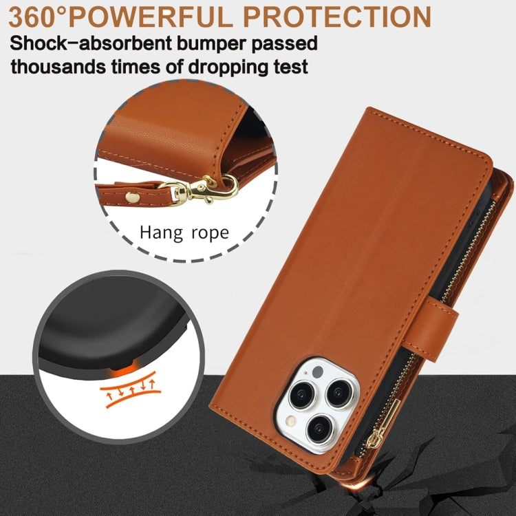 For iPhone 15 Pro YM016 Rhombic Zipper Card Wallet Leather Phone Case with Lanyard(Brown) - HoMEdemic™ 