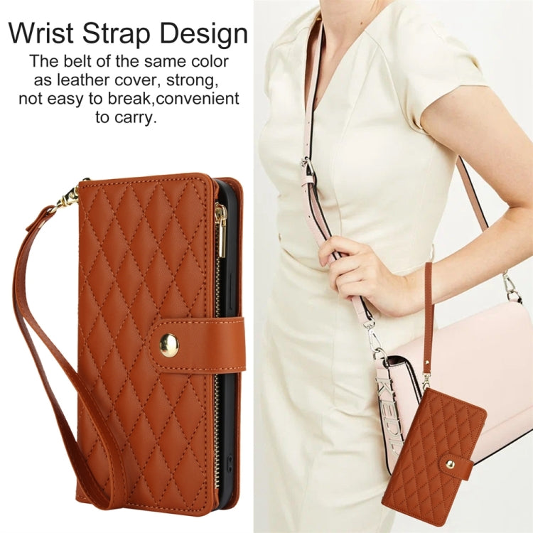 For iPhone 15 Pro YM016 Rhombic Zipper Card Wallet Leather Phone Case with Lanyard(Brown) - HoMEdemic™ 