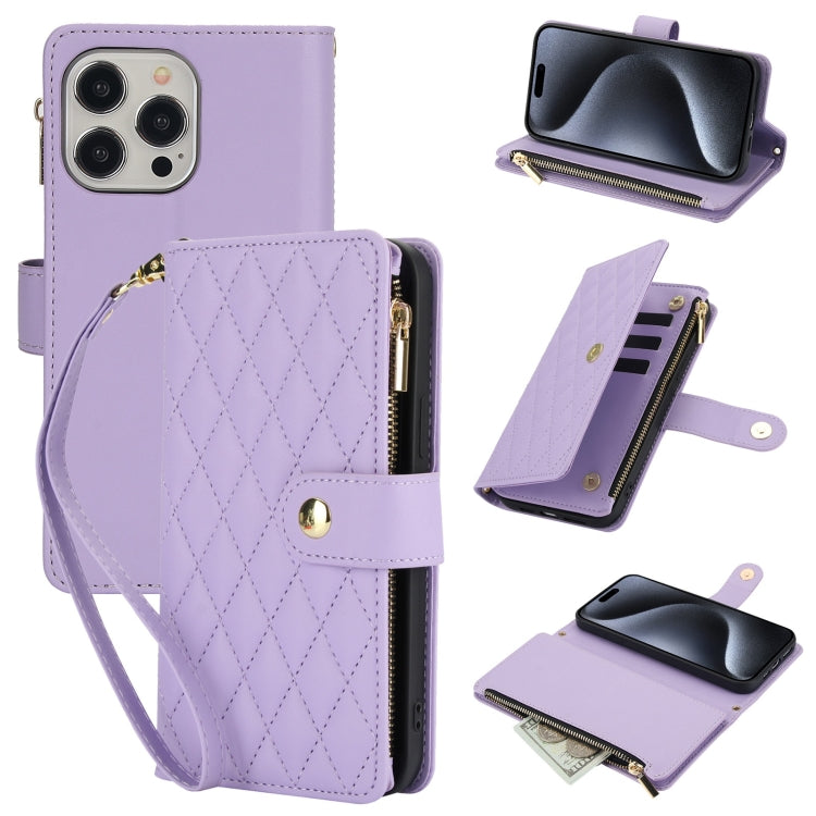 For iPhone 15 Pro YM016 Rhombic Zipper Card Wallet Leather Phone Case with Lanyard(Light Purple) - HoMEdemic™ 