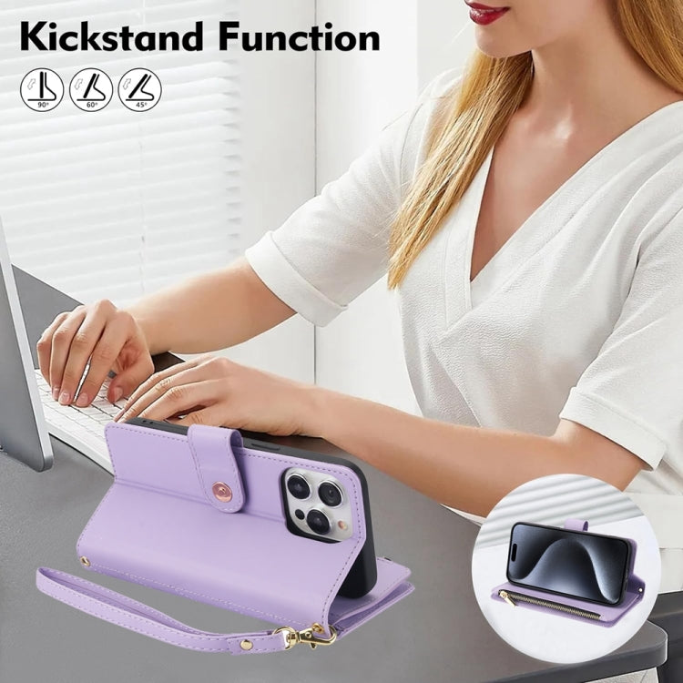 For iPhone 15 Pro YM016 Rhombic Zipper Card Wallet Leather Phone Case with Lanyard(Light Purple) - HoMEdemic™ 