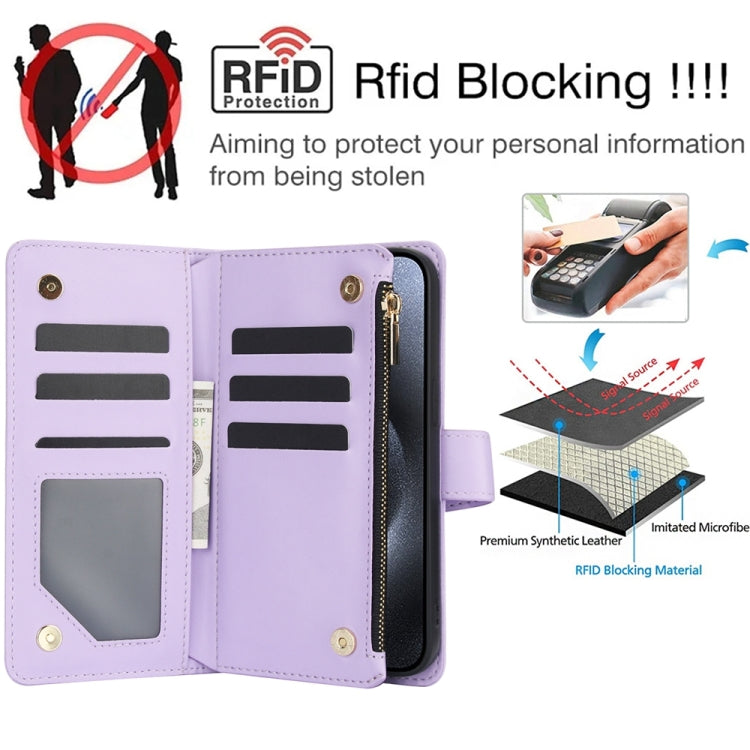 For iPhone 15 Pro YM016 Rhombic Zipper Card Wallet Leather Phone Case with Lanyard(Light Purple) - HoMEdemic™ 