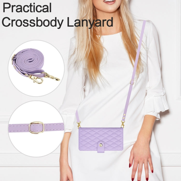 For iPhone 15 Pro YM016 Rhombic Zipper Card Wallet Leather Phone Case with Lanyard(Light Purple) - HoMEdemic™ 