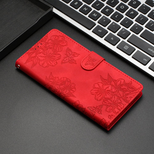 For iPhone 15 Pro Max Cherry Blossom Butterfly Skin Feel Embossed PU Phone Case(Red) - HoMEdemic™ 