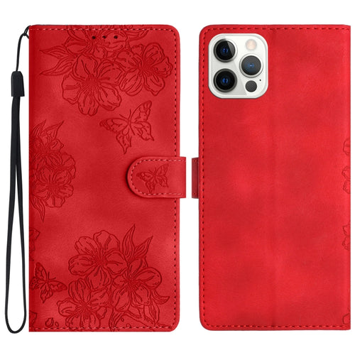 For iPhone 15 Pro Max Cherry Blossom Butterfly Skin Feel Embossed PU Phone Case(Red) - HoMEdemic™ 