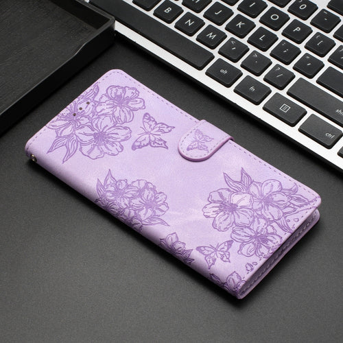 For iPhone 15 Pro Max Cherry Blossom Butterfly Skin Feel Embossed PU Phone Case(Purple) - HoMEdemic™ 