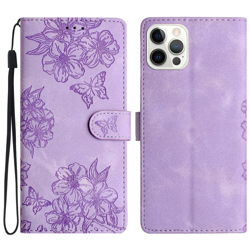 For iPhone 15 Pro Max Cherry Blossom Butterfly Skin Feel Embossed PU Phone Case(Purple) - HoMEdemic™ 