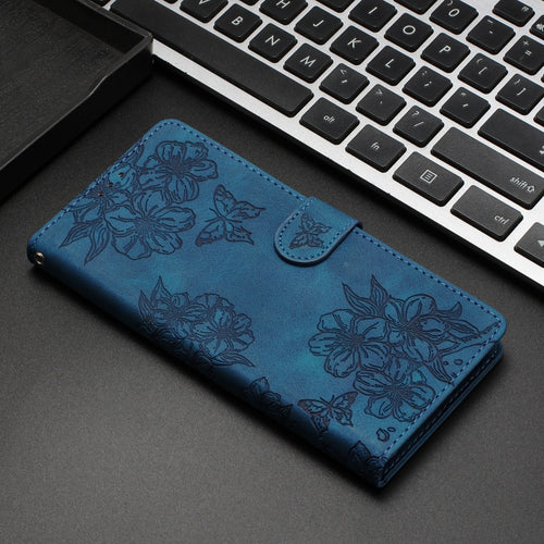 For iPhone 15 Pro Max Cherry Blossom Butterfly Skin Feel Embossed PU Phone Case(Blue) - HoMEdemic™ 