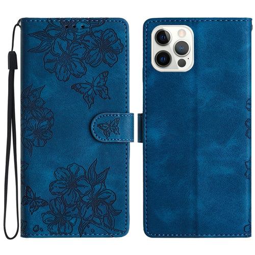 For iPhone 15 Pro Max Cherry Blossom Butterfly Skin Feel Embossed PU Phone Case(Blue) - HoMEdemic™ 