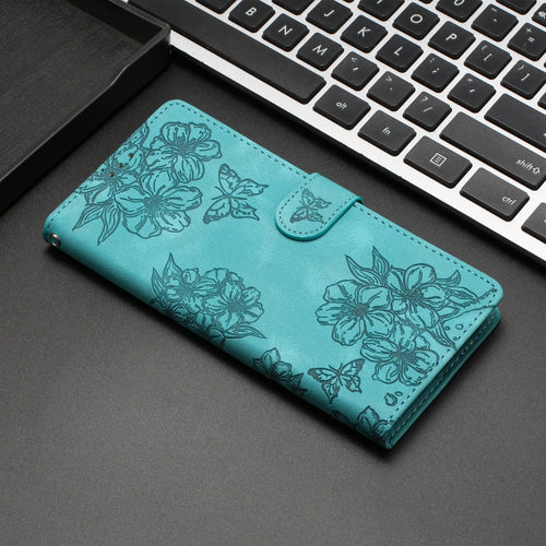 For iPhone 15 Pro Max Cherry Blossom Butterfly Skin Feel Embossed PU Phone Case(Green) - HoMEdemic™ 