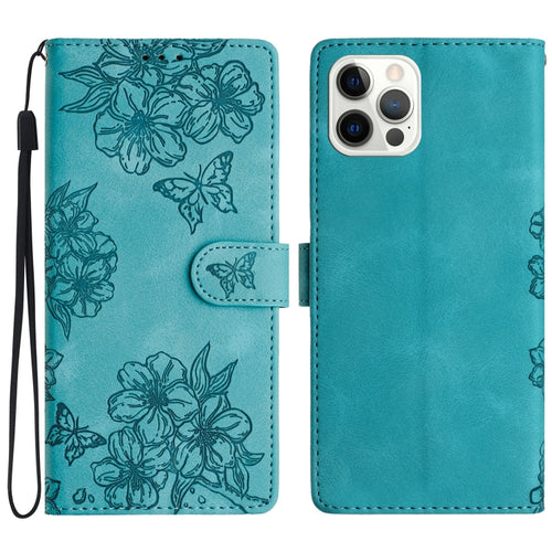 For iPhone 15 Pro Max Cherry Blossom Butterfly Skin Feel Embossed PU Phone Case(Green) - HoMEdemic™ 