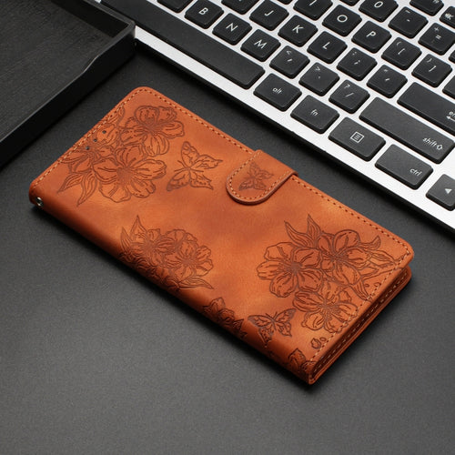 For iPhone 15 Pro Max Cherry Blossom Butterfly Skin Feel Embossed PU Phone Case(Brown) - HoMEdemic™ 