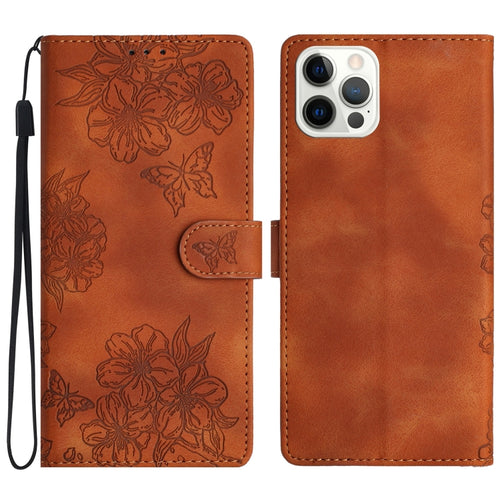 For iPhone 15 Pro Max Cherry Blossom Butterfly Skin Feel Embossed PU Phone Case(Brown) - HoMEdemic™ 