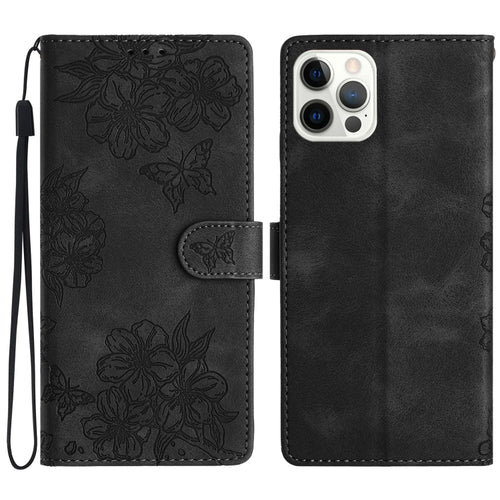 For iPhone 15 Pro Max Cherry Blossom Butterfly Skin Feel Embossed PU Phone Case(Black) - HoMEdemic™ 