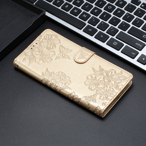 For iPhone 15 Pro Max Cherry Blossom Butterfly Skin Feel Embossed PU Phone Case(Gold) - HoMEdemic™ 