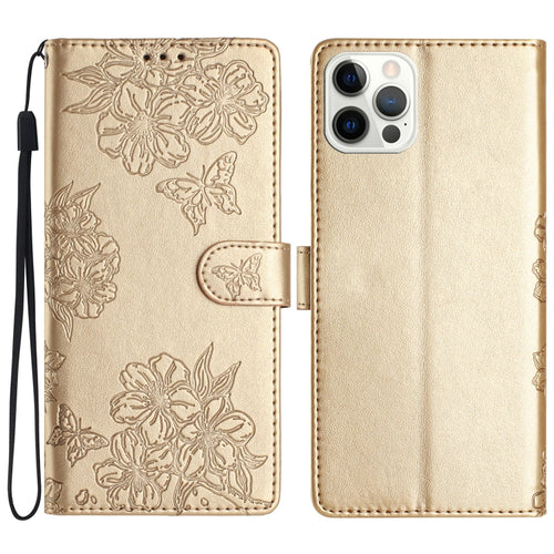 For iPhone 15 Pro Max Cherry Blossom Butterfly Skin Feel Embossed PU Phone Case(Gold) - HoMEdemic™ 