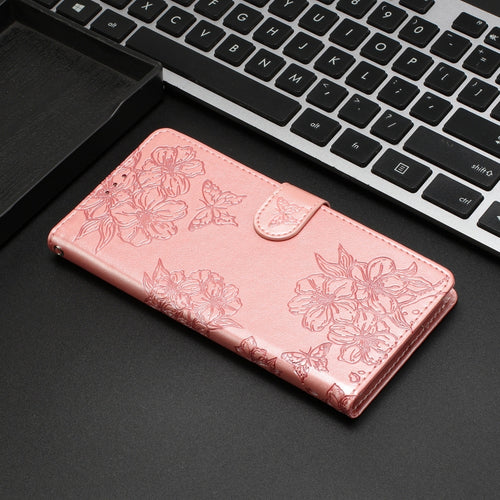 For iPhone 15 Pro Max Cherry Blossom Butterfly Skin Feel Embossed PU Phone Case(Rose Gold) - HoMEdemic™ 