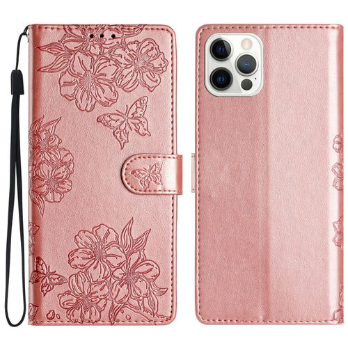 For iPhone 15 Pro Max Cherry Blossom Butterfly Skin Feel Embossed PU Phone Case(Rose Gold) - HoMEdemic™ 