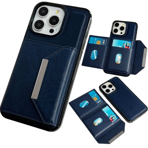 For iPhone 15 Pro Max Solid Color Metal Buckle Card Slots Bag Phone Case(Blue) - HoMEdemic™ 