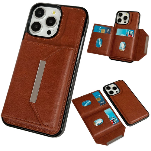 For iPhone 15 Pro Max Solid Color Metal Buckle Card Slots Bag Phone Case(Brown) - HoMEdemic™ 