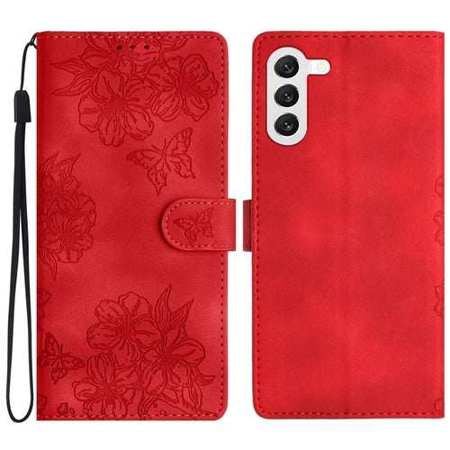 For Samsung Galaxy S24 5G Cherry Blossom Butterfly Skin Feel Embossed PU Phone Case(Red) - HoMEdemic™ 