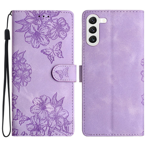 For Samsung Galaxy S24 5G Cherry Blossom Butterfly Skin Feel Embossed PU Phone Case(Purple) - HoMEdemic™ 