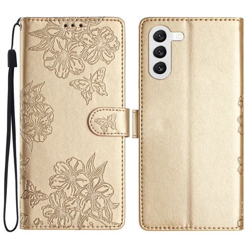 For Samsung Galaxy S24 5G Cherry Blossom Butterfly Skin Feel Embossed PU Phone Case(Gold) - HoMEdemic™ 