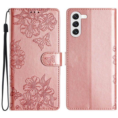 For Samsung Galaxy S24 5G Cherry Blossom Butterfly Skin Feel Embossed PU Phone Case(Rose Gold) - HoMEdemic™ 