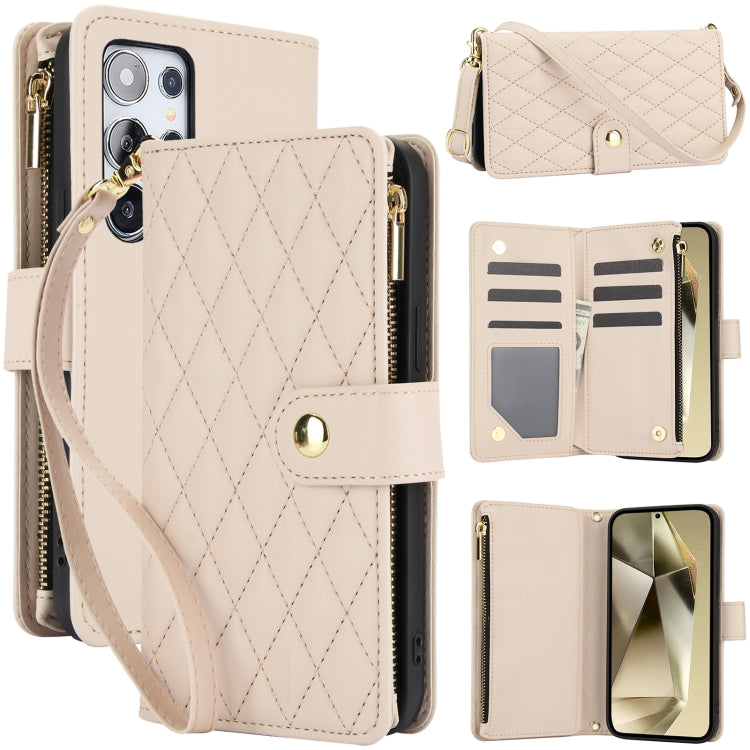 For Samsung Galaxy S24 Ultra 5G YM016 Rhombic Zipper Card Wallet Leather Phone Case with Lanyard(Apricot) - HoMEdemic™ 