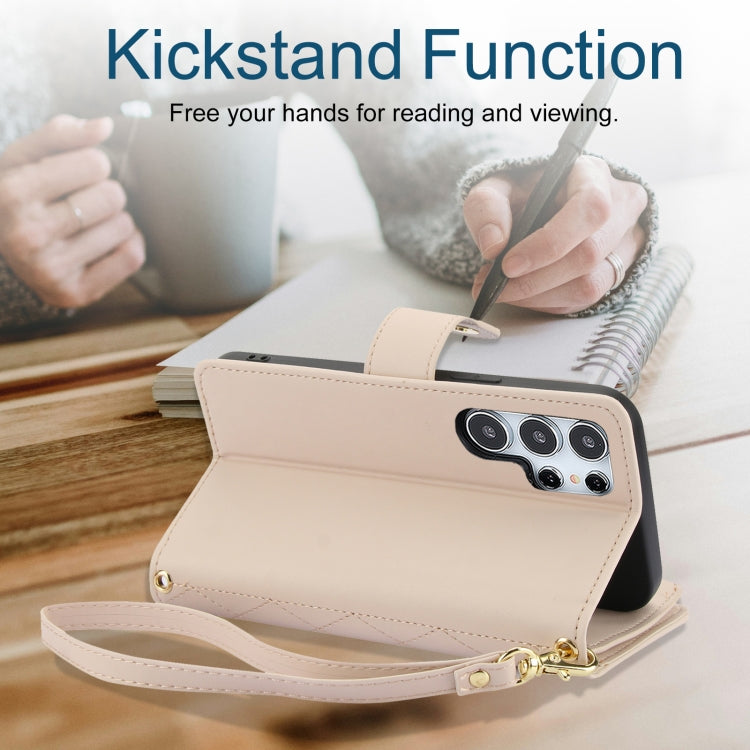 For Samsung Galaxy S24 Ultra 5G YM016 Rhombic Zipper Card Wallet Leather Phone Case with Lanyard(Apricot) - HoMEdemic™ 