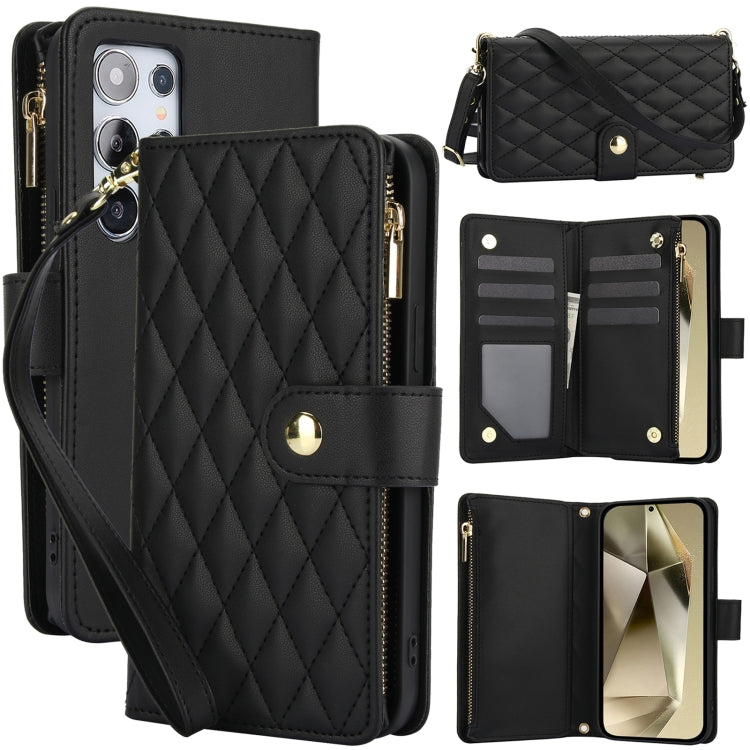 For Samsung Galaxy S24 Ultra 5G YM016 Rhombic Zipper Card Wallet Leather Phone Case with Lanyard(Black) - HoMEdemic™ 