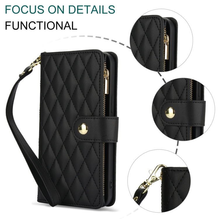 For Samsung Galaxy S24 Ultra 5G YM016 Rhombic Zipper Card Wallet Leather Phone Case with Lanyard(Black) - HoMEdemic™ 