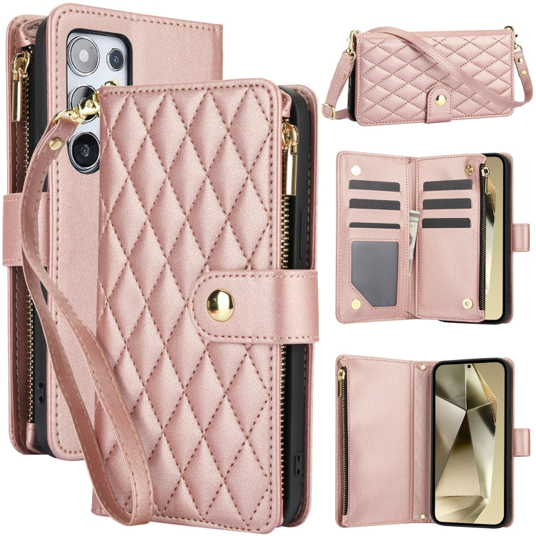 For Samsung Galaxy S24 Ultra 5G YM016 Rhombic Zipper Card Wallet Leather Phone Case with Lanyard(Rose Gold) - HoMEdemic™ 