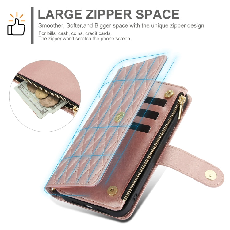For Samsung Galaxy S24 Ultra 5G YM016 Rhombic Zipper Card Wallet Leather Phone Case with Lanyard(Rose Gold) - HoMEdemic™ 