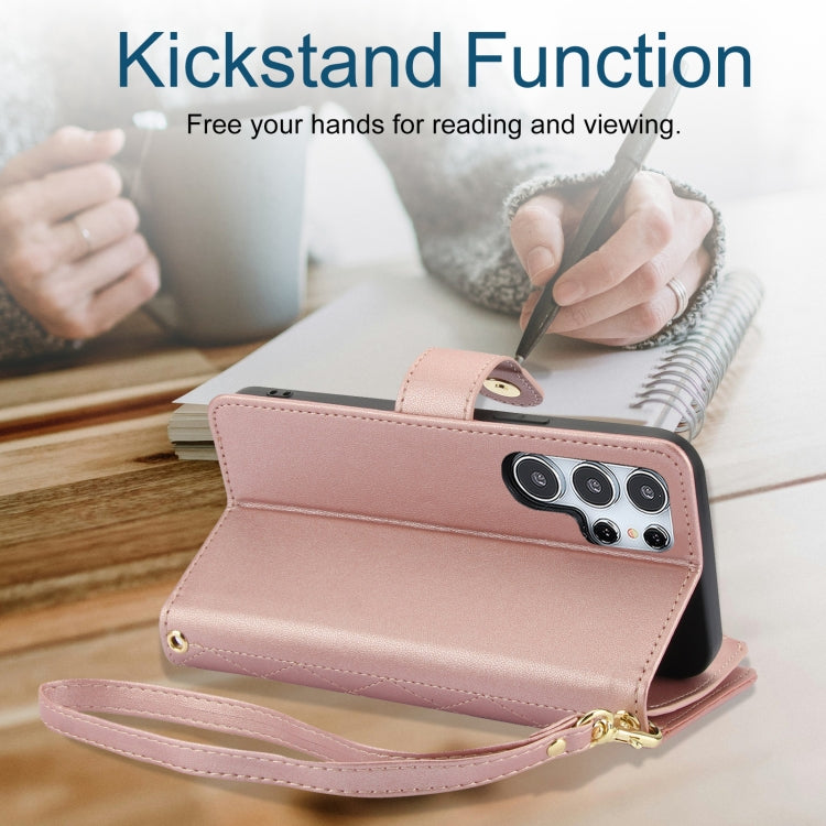 For Samsung Galaxy S24 Ultra 5G YM016 Rhombic Zipper Card Wallet Leather Phone Case with Lanyard(Rose Gold) - HoMEdemic™ 