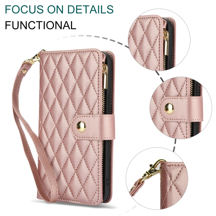 For Samsung Galaxy S24 Ultra 5G YM016 Rhombic Zipper Card Wallet Leather Phone Case with Lanyard(Rose Gold) - HoMEdemic™ 