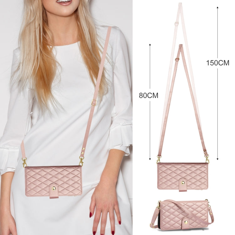 For Samsung Galaxy S24 Ultra 5G YM016 Rhombic Zipper Card Wallet Leather Phone Case with Lanyard(Rose Gold) - HoMEdemic™ 