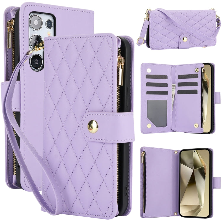 For Samsung Galaxy S24 Ultra 5G YM016 Rhombic Zipper Card Wallet Leather Phone Case with Lanyard(Light Purple) - HoMEdemic™ 