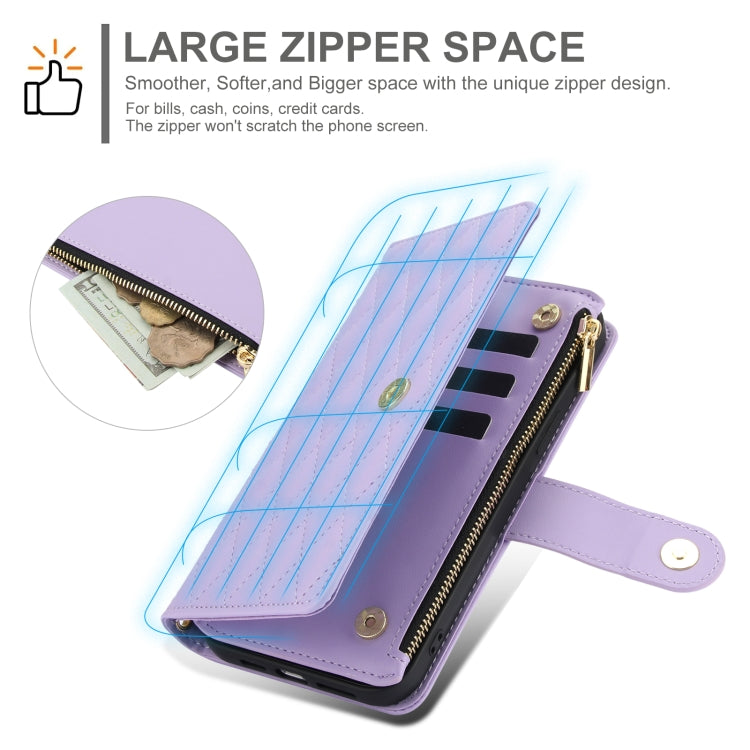 For Samsung Galaxy S24 Ultra 5G YM016 Rhombic Zipper Card Wallet Leather Phone Case with Lanyard(Light Purple) - HoMEdemic™ 