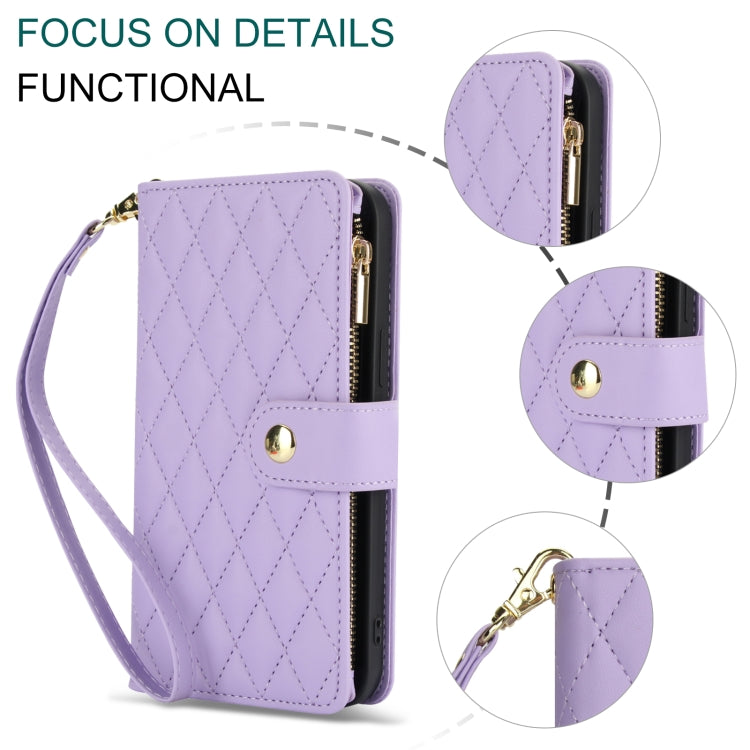For Samsung Galaxy S24 Ultra 5G YM016 Rhombic Zipper Card Wallet Leather Phone Case with Lanyard(Light Purple) - HoMEdemic™ 