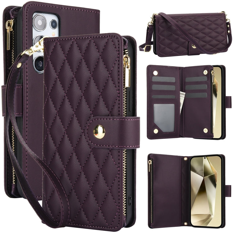For Samsung Galaxy S24 Ultra 5G YM016 Rhombic Zipper Card Wallet Leather Phone Case with Lanyard(Dark Purple) - HoMEdemic™ 