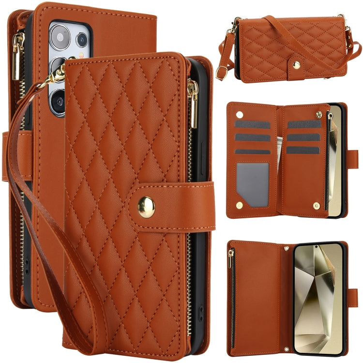 For Samsung Galaxy S24 Ultra 5G YM016 Rhombic Zipper Card Wallet Leather Phone Case with Lanyard(Brown) - HoMEdemic™ 
