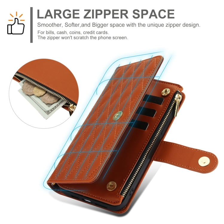 For Samsung Galaxy S24 Ultra 5G YM016 Rhombic Zipper Card Wallet Leather Phone Case with Lanyard(Brown) - HoMEdemic™ 